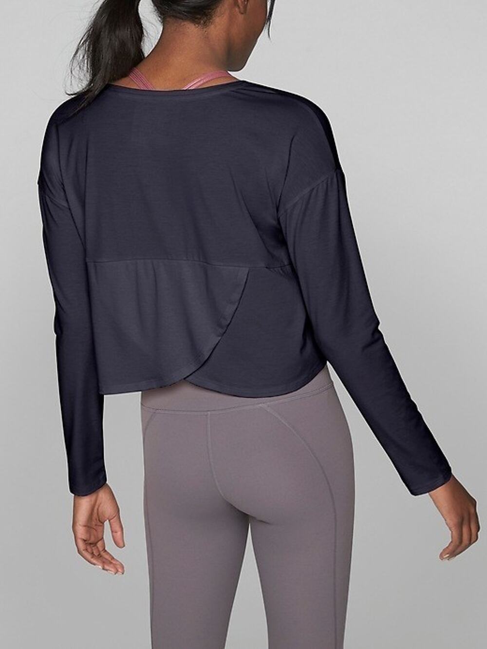 Athleta Studio Crop Long Sleeve Top Womens LT Navy Blue Tulip Twist Hem Pullover